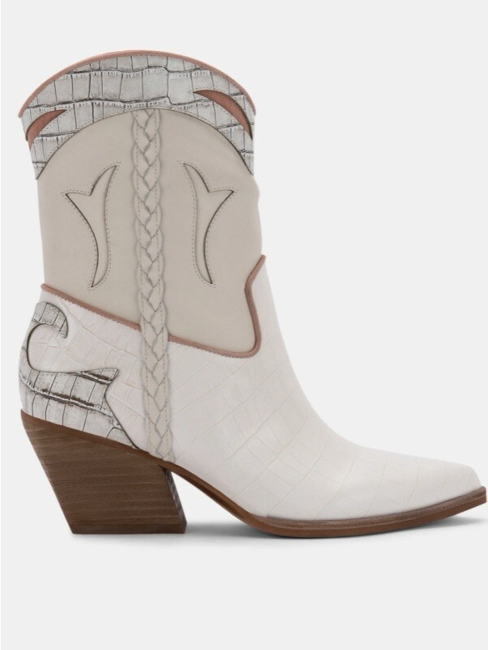 Dolce Vita White Croc-Embossed Western Ankle Boot with Tan Trim
